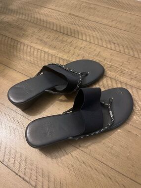 Navy Wedge Flip Flops with White Stitch Detailing